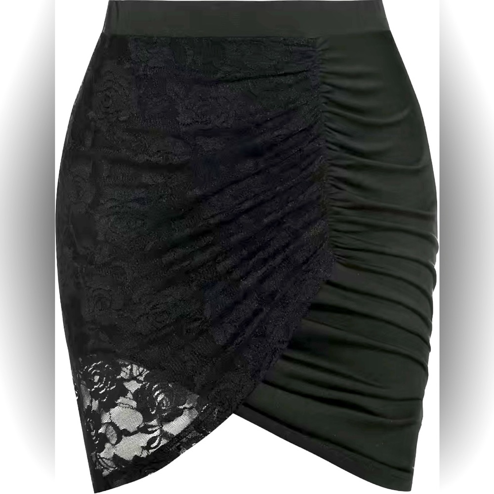 NWOT Elegant ruche skirt with floral lace on front side.